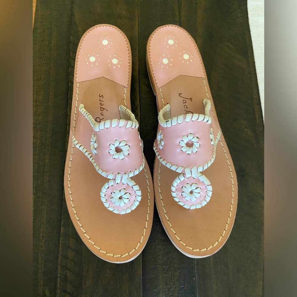 NWOT JACK ROGERS SANDALS, pink with white trim, womens size 9